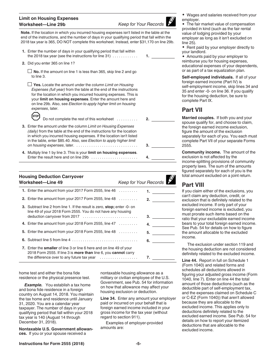 Download Instructions For Irs Form 2555 Foreign Earned Income Pdf 2018 Templateroller 0669