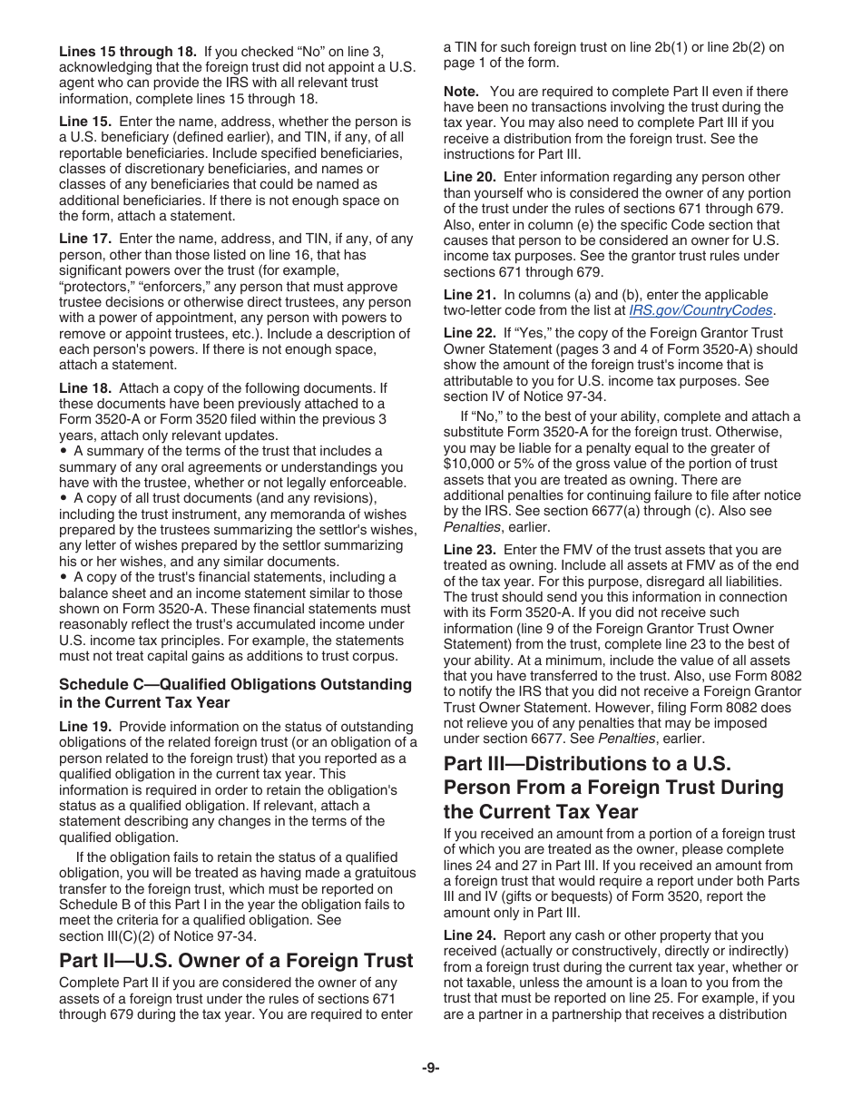 Instructions for IRS Form 3520 Annual Return to Report Transactions With Foreign Trusts and Receipt of Certain Foreign Gifts, Page 9