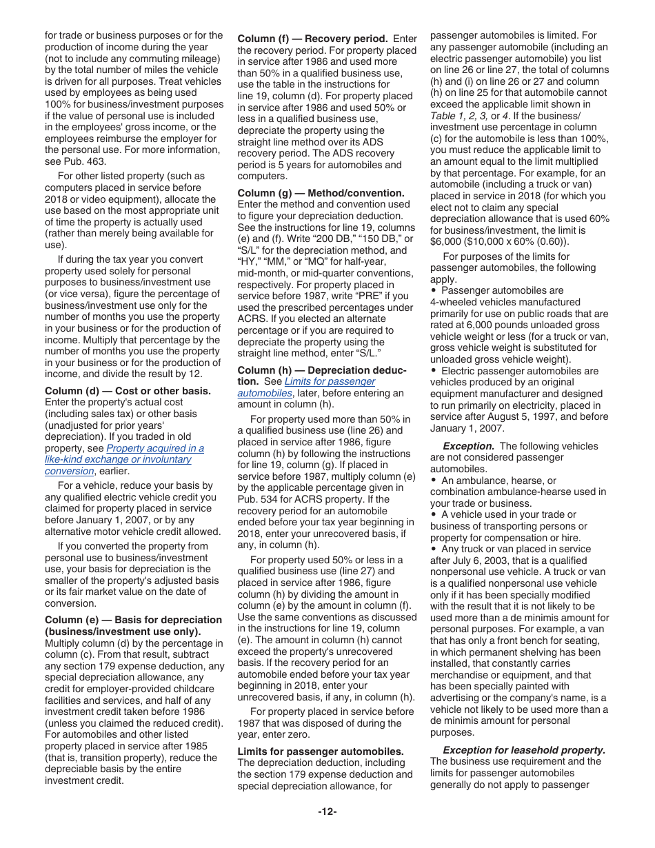 Instructions for IRS Form 4562 Depreciation and Amortization (Including Information on Listed Property), Page 12