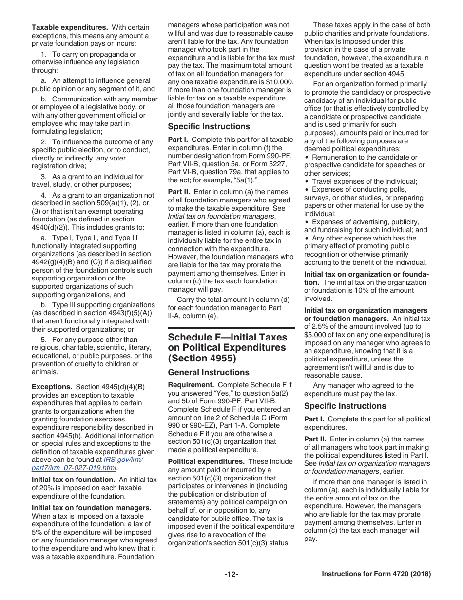 Instructions for IRS Form 4720 Return of Certain Excise Taxes Under Chapters 41 and 42 of the Internal Revenue Code, Page 12