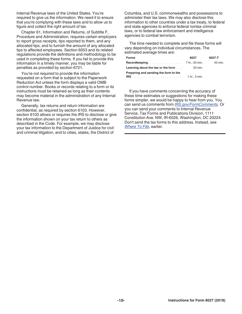Instructions for IRS Form 8027 Employers Annual Information Return of Tip Income and Allocated Tips, Page 10