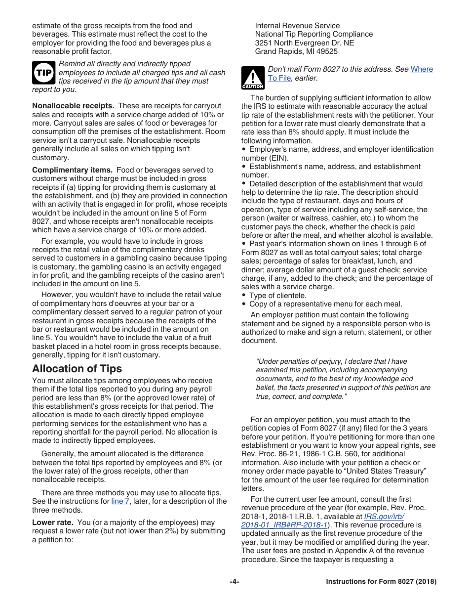 Instructions for IRS Form 8027 Employers Annual Information Return of Tip Income and Allocated Tips, Page 4