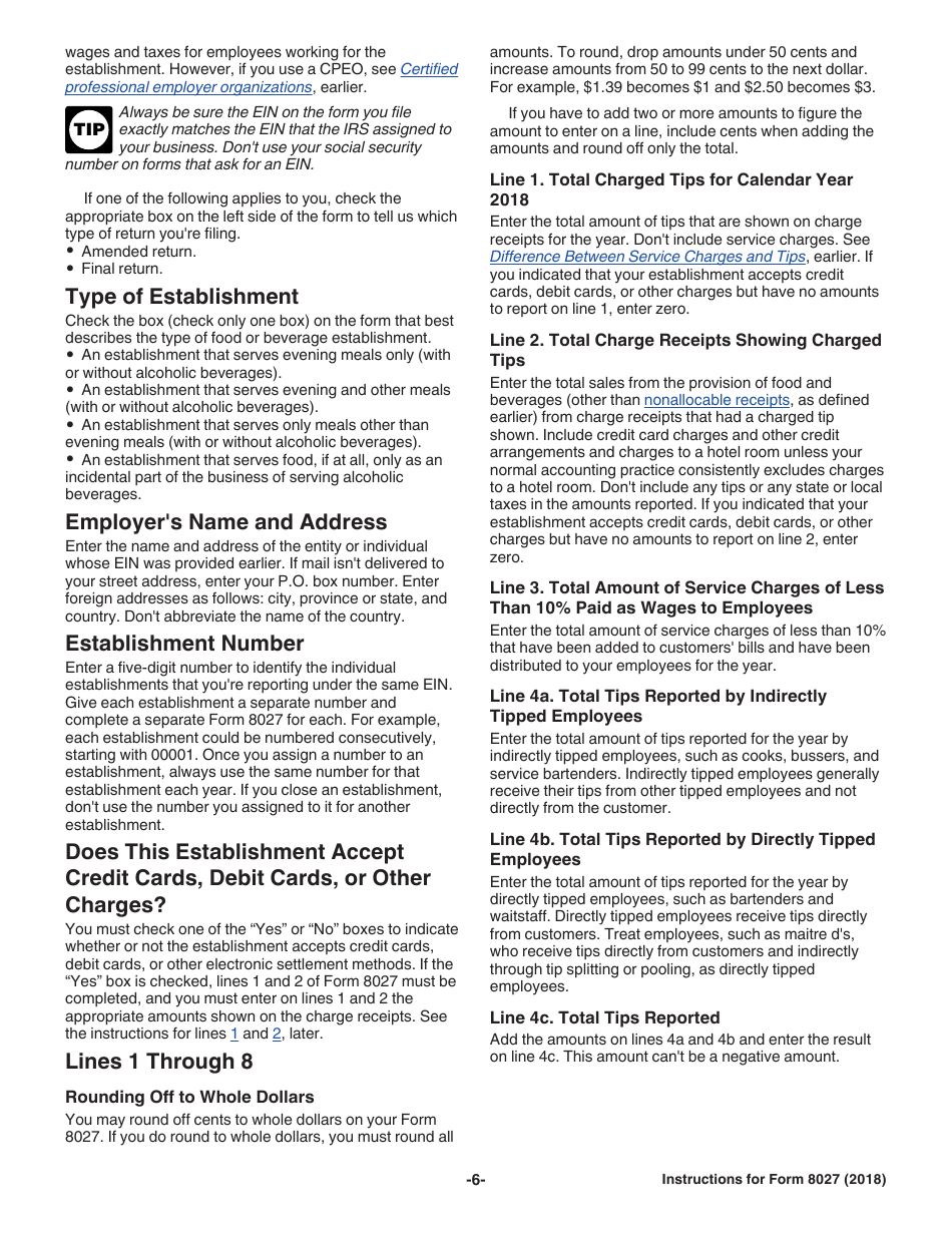 Instructions for IRS Form 8027 Employers Annual Information Return of Tip Income and Allocated Tips, Page 6