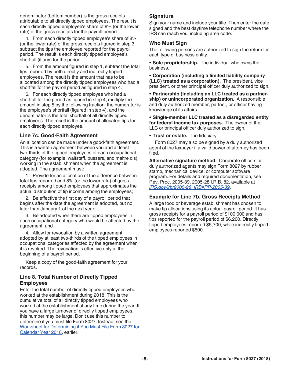 Instructions for IRS Form 8027 Employers Annual Information Return of Tip Income and Allocated Tips, Page 8