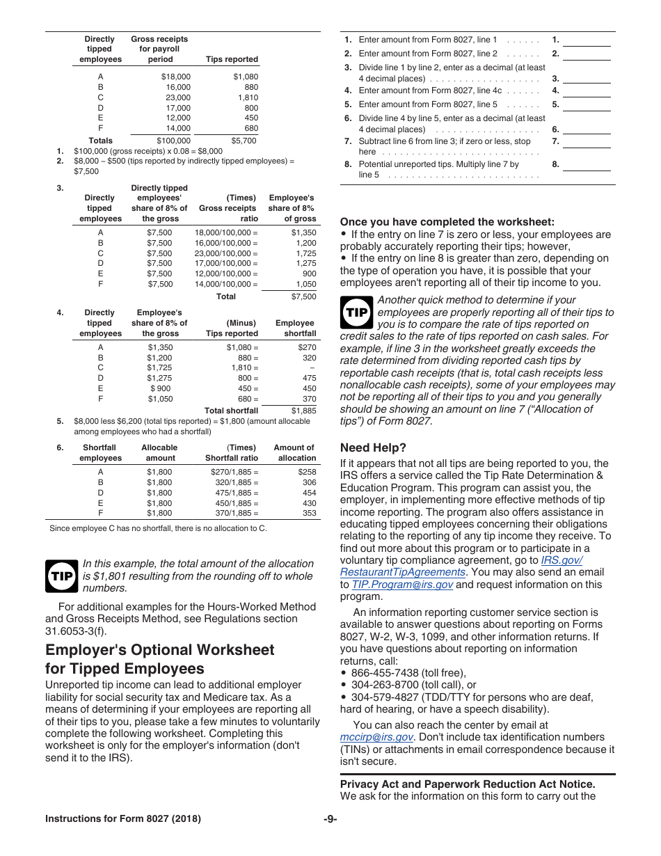 Instructions for IRS Form 8027 Employers Annual Information Return of Tip Income and Allocated Tips, Page 9
