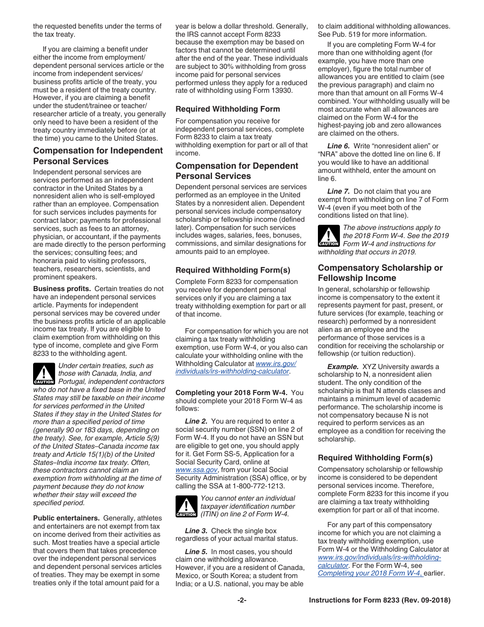 Instructions for IRS Form 8233 Exemption From Withholding on Compensation for Independent (And Certain Dependent) Personal Services of a Nonresident Alien Individual, Page 2