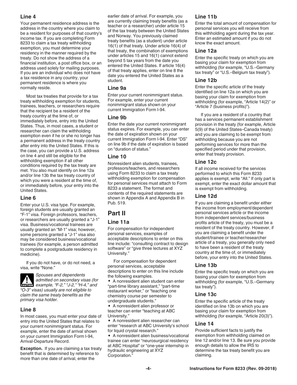 Instructions for IRS Form 8233 Exemption From Withholding on Compensation for Independent (And Certain Dependent) Personal Services of a Nonresident Alien Individual, Page 4