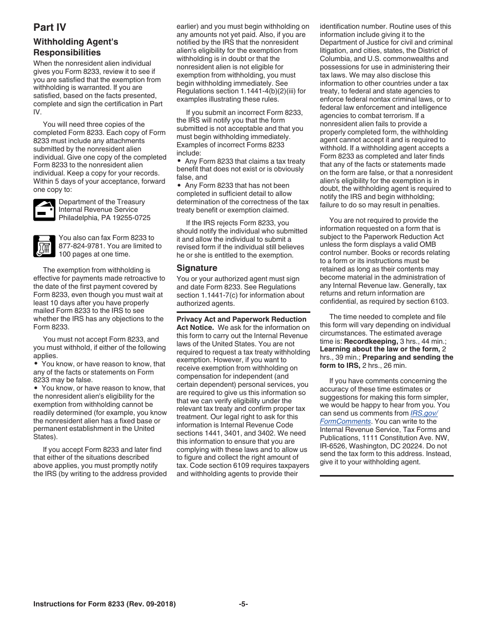 Instructions for IRS Form 8233 Exemption From Withholding on Compensation for Independent (And Certain Dependent) Personal Services of a Nonresident Alien Individual, Page 5
