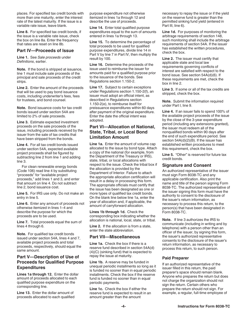 Instructions for IRS Form 8038-TC Information Return for Tax Credit Bonds and Specified Tax Credit Bonds, Page 4
