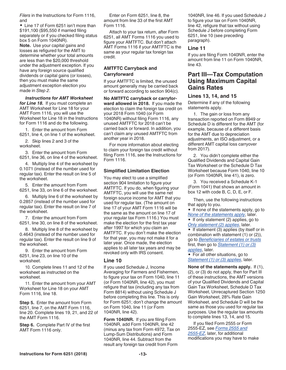 Instructions for IRS Form 6251 Alternative Minimum Tax - Individuals, Page 13