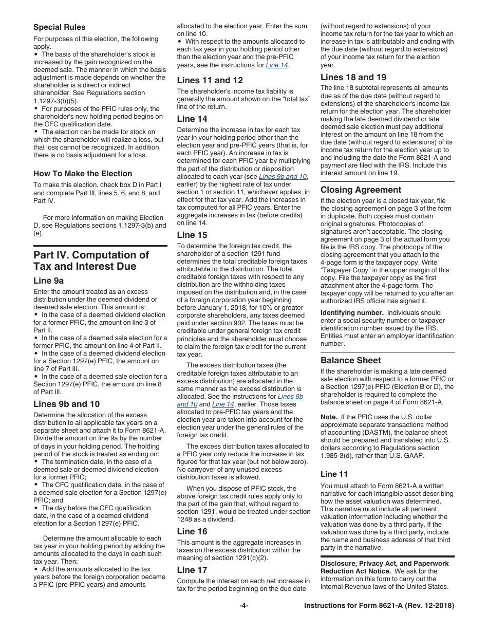 Instructions for IRS Form 8621-A Return by a Shareholder Making Certain Late Elections to End Treatment as a Passive Foreign Investment Company, Page 4