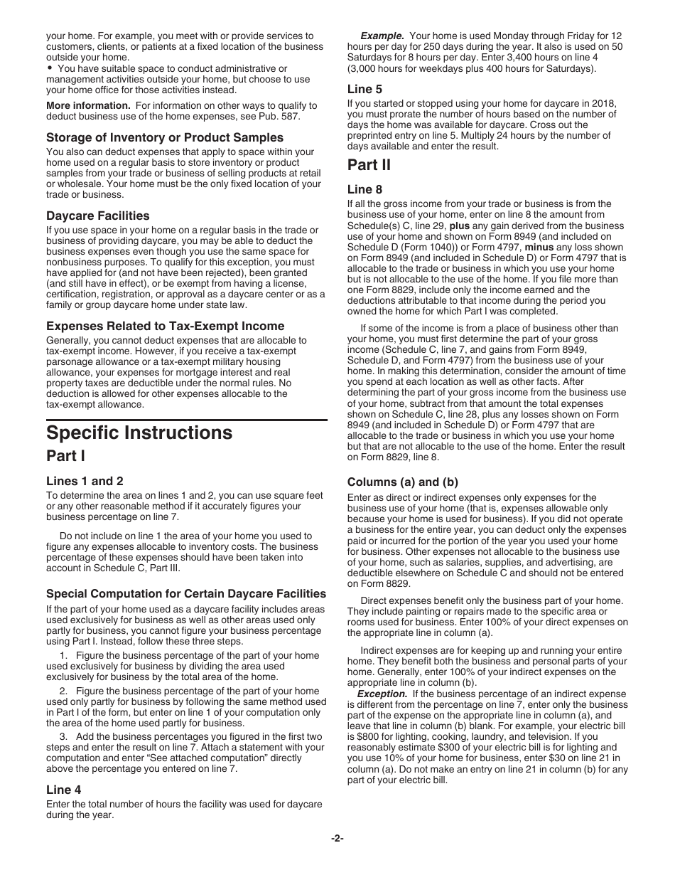 Instructions for IRS Form 8829 Expenses for Business Use of Your Home, Page 2