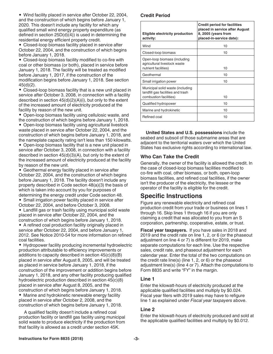 Instructions for IRS Form 8835 Renewable Electricity, Refined Coal, and Indian Coal Production Credit, Page 3