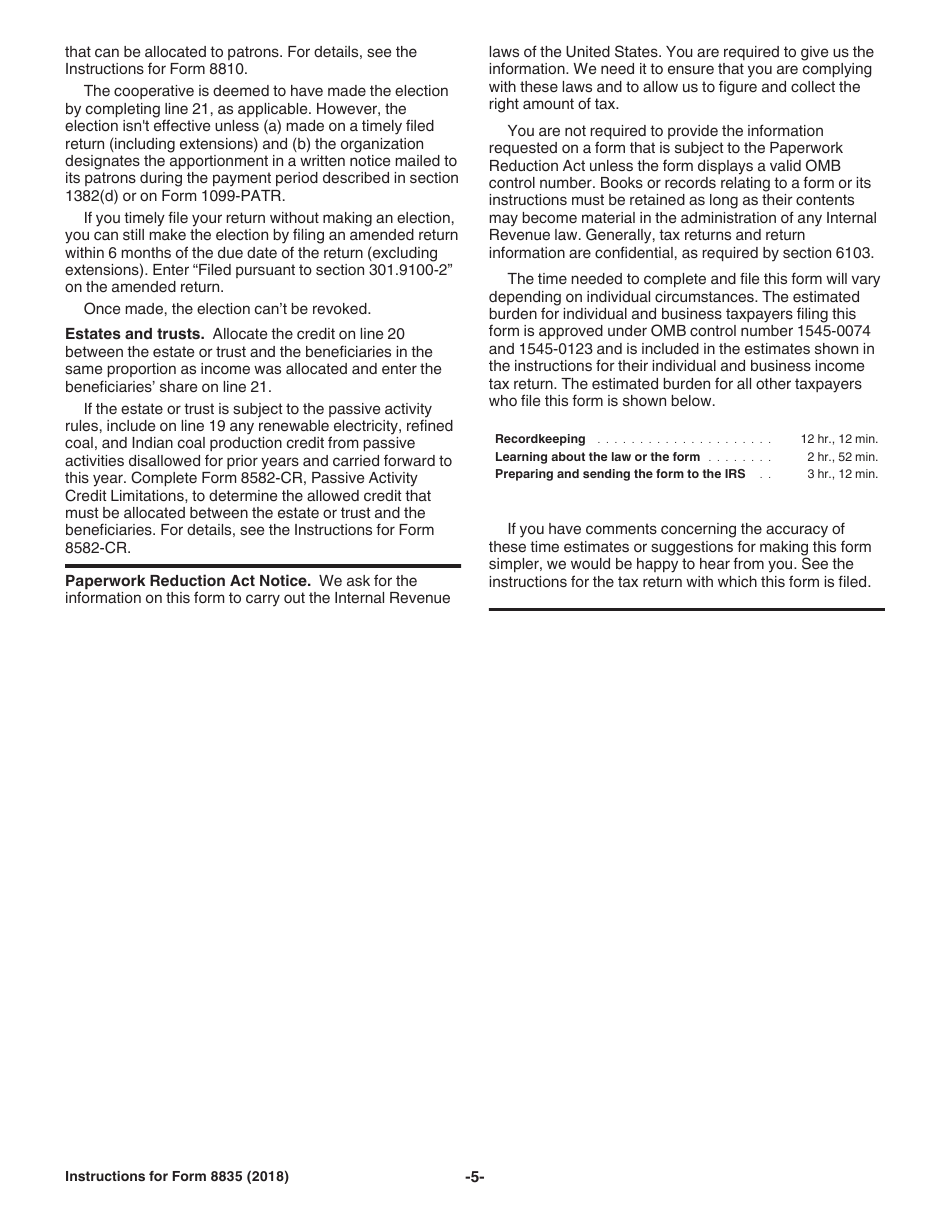 Instructions for IRS Form 8835 Renewable Electricity, Refined Coal, and Indian Coal Production Credit, Page 5