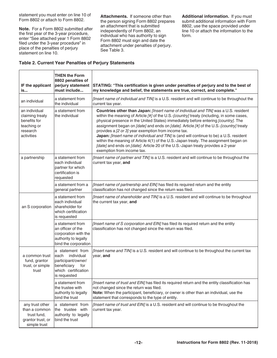 Instructions for IRS Form 8802 Application for United States Residency Certification, Page 12