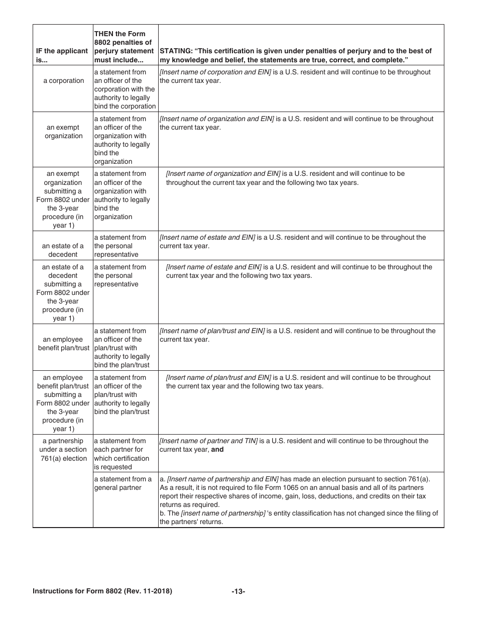 Instructions for IRS Form 8802 Application for United States Residency Certification, Page 13
