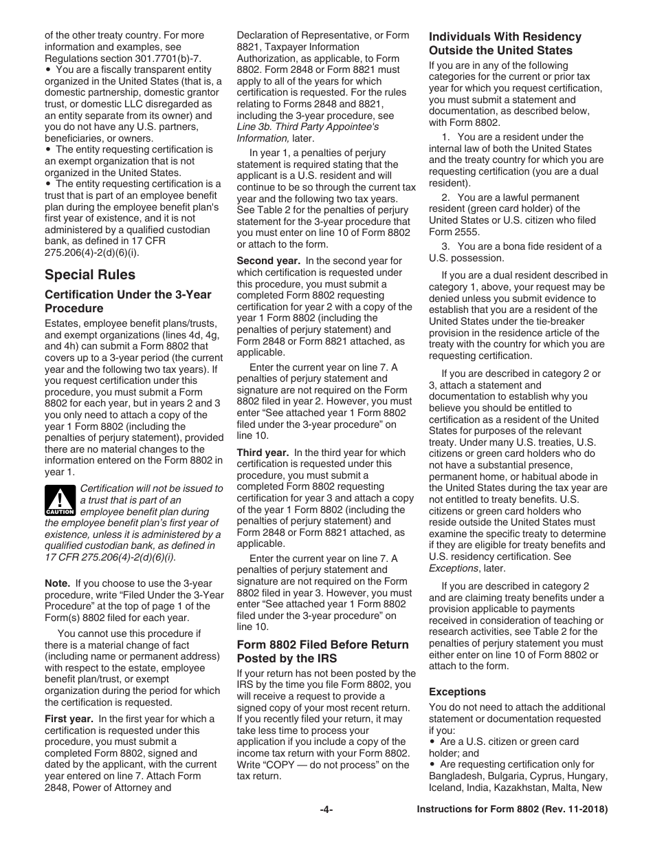 Instructions for IRS Form 8802 Application for United States Residency Certification, Page 4