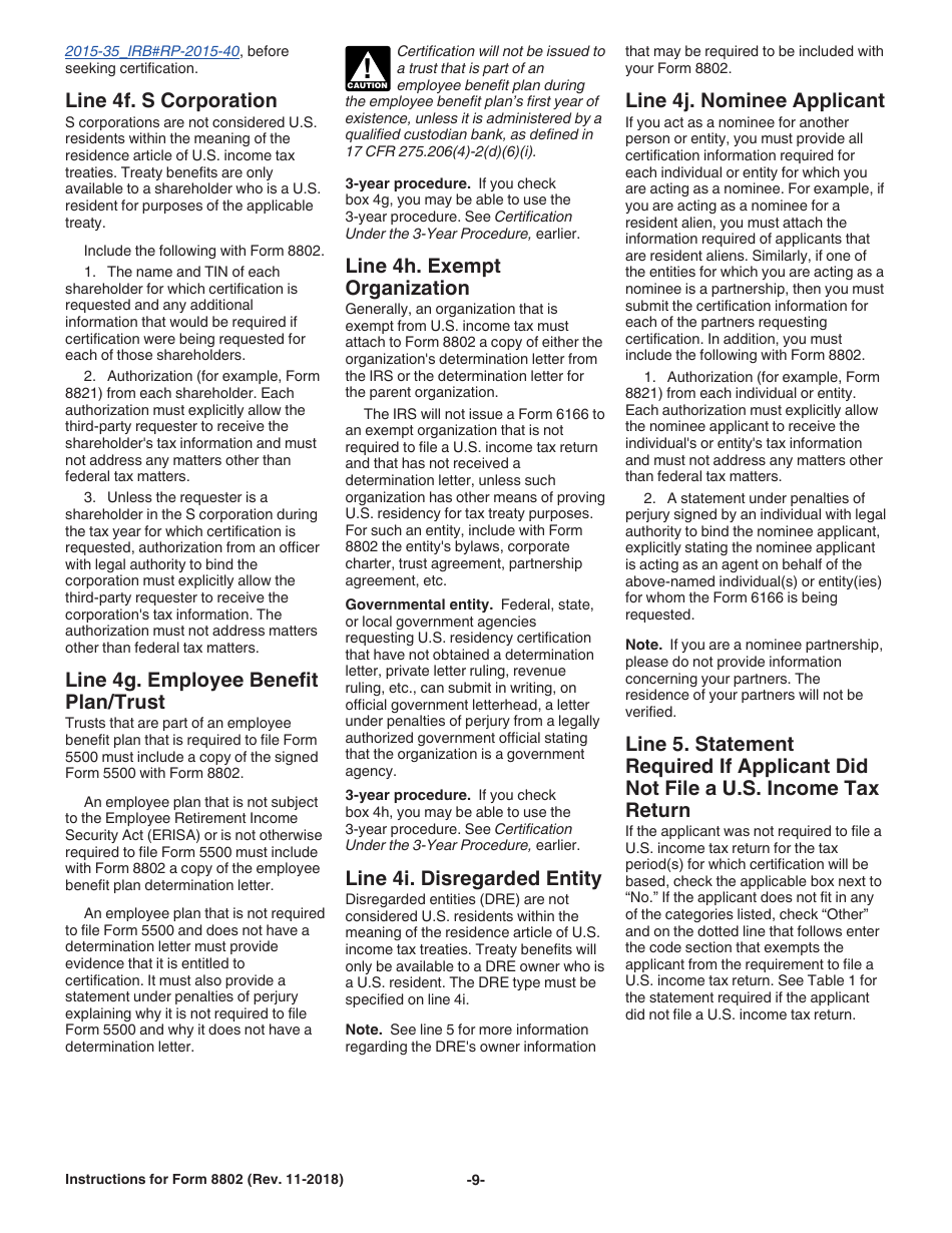 Instructions for IRS Form 8802 Application for United States Residency Certification, Page 9