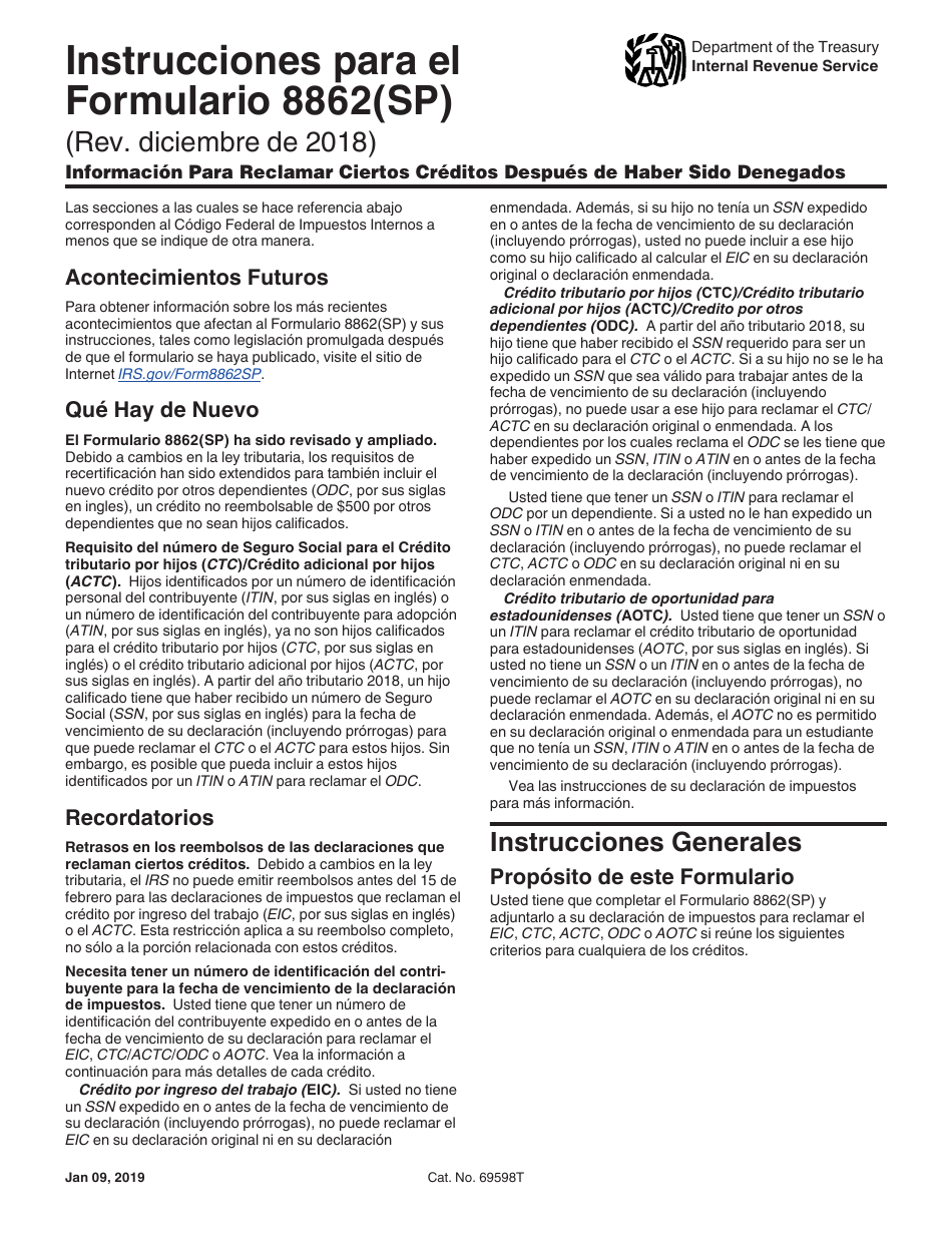 Instrucciones para IRS Formulario 8862(SP) Informacion Para Reclamar Ciertos Creditos Despues De Haber Sido Denegados (Spanish), Page 1