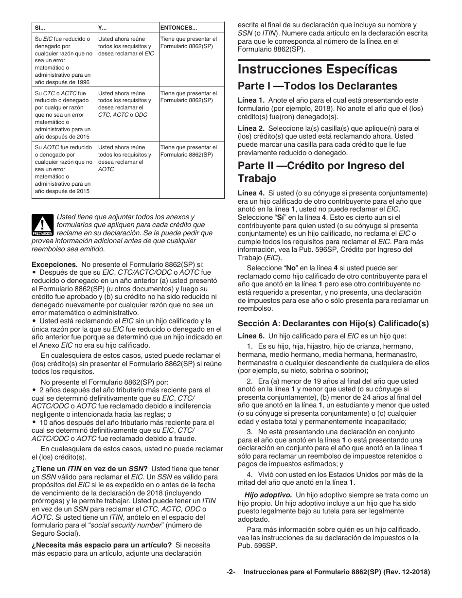 Instrucciones para IRS Formulario 8862(SP) Informacion Para Reclamar Ciertos Creditos Despues De Haber Sido Denegados (Spanish), Page 2