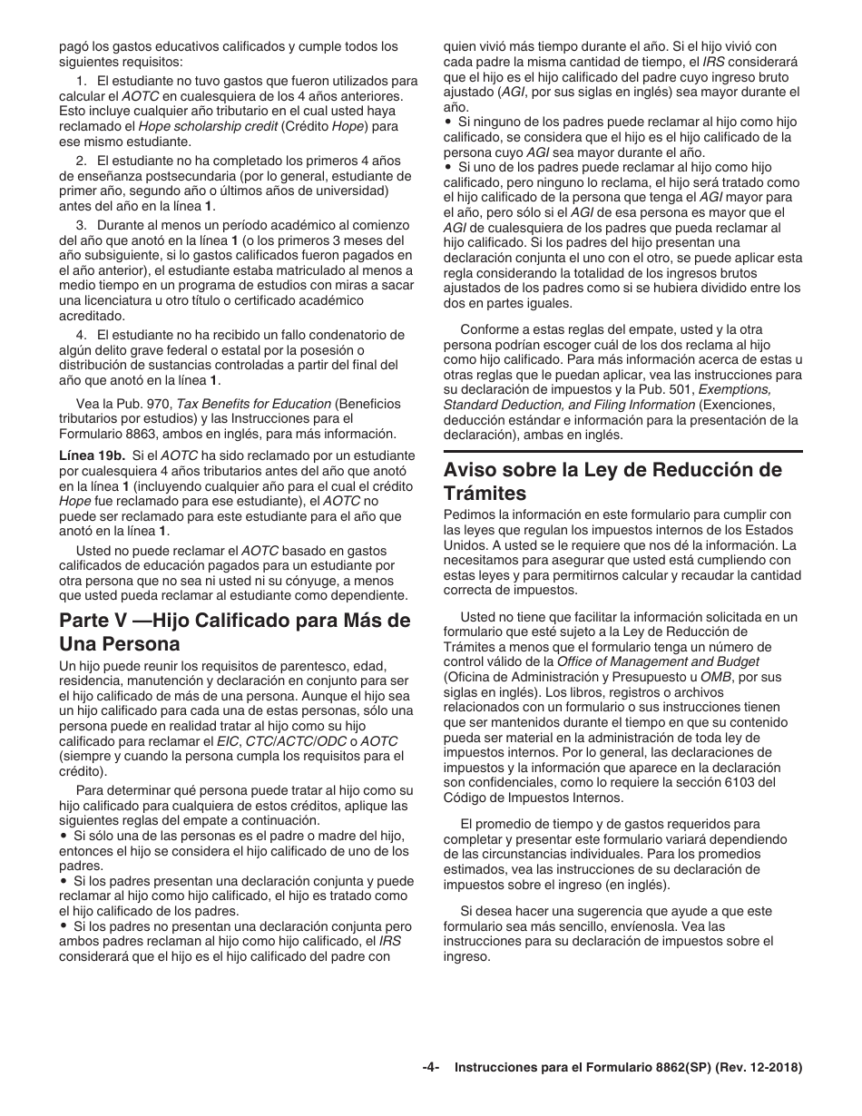 Instrucciones para IRS Formulario 8862(SP) Informacion Para Reclamar Ciertos Creditos Despues De Haber Sido Denegados (Spanish), Page 4