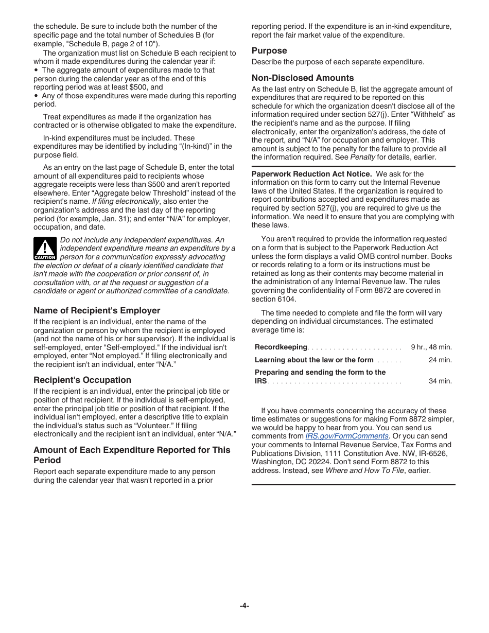 Instructions for IRS Form 8872 Political Organization Report of Contributions and Expenditures, Page 4