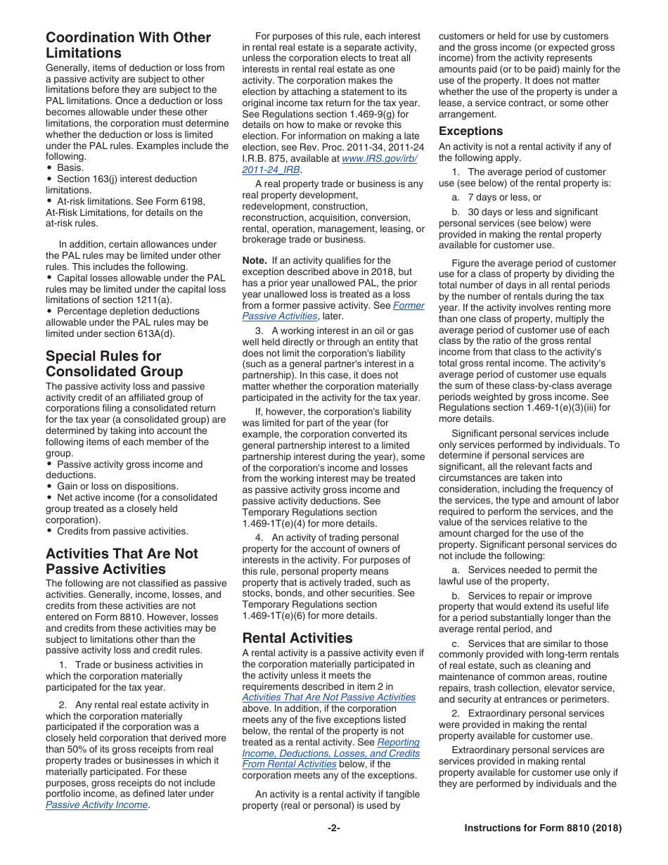 Instructions for IRS Form 8810 Corporate Passive Activity Loss and Credit Limitations, Page 2