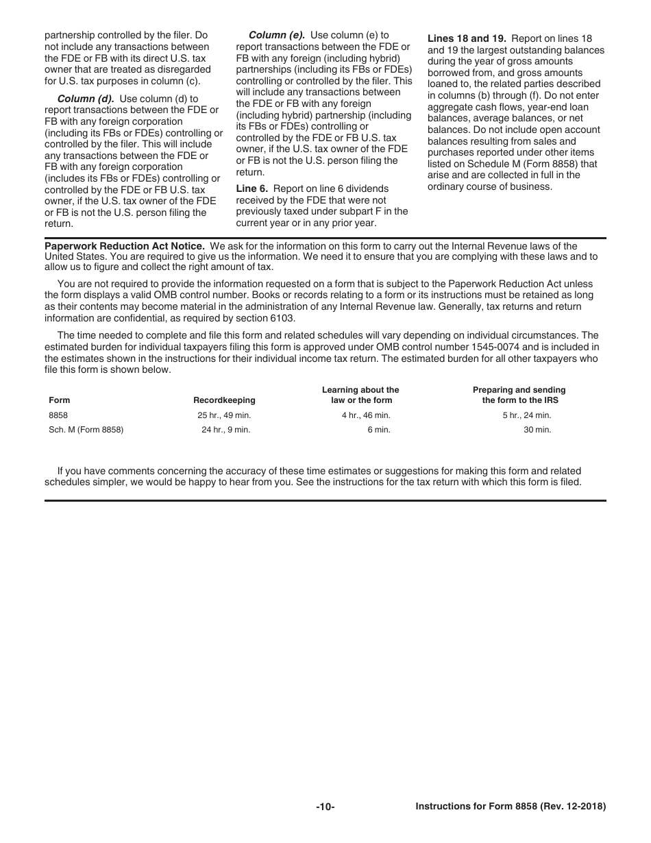 Instructions for IRS Form 8858 Information Return of U.S. Persons With Respect to Foreign Disregarded Entities (Fdes) and Foreign Branches (Fbs), Page 10