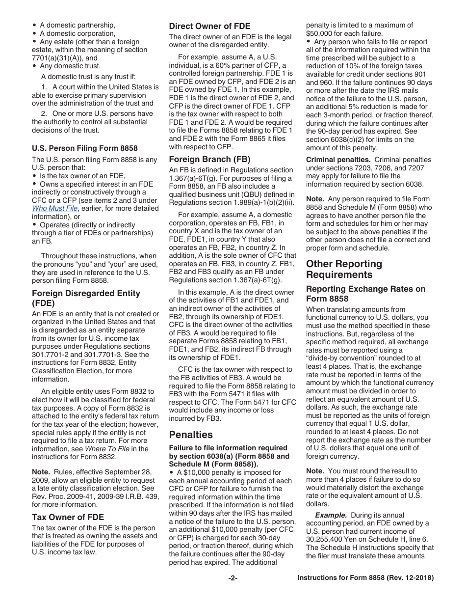 Instructions for IRS Form 8858 Information Return of U.S. Persons With Respect to Foreign Disregarded Entities (Fdes) and Foreign Branches (Fbs), Page 2