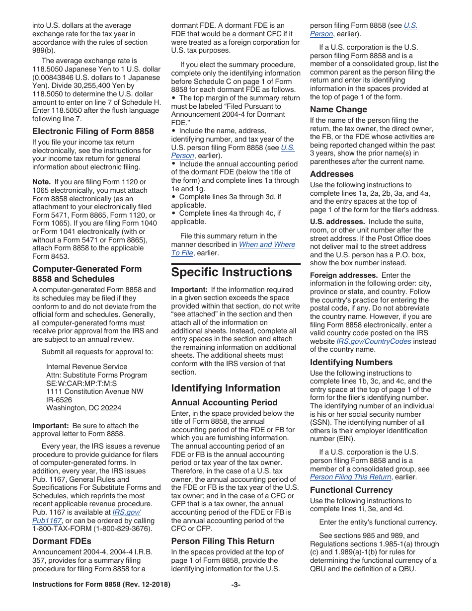 Instructions for IRS Form 8858 Information Return of U.S. Persons With Respect to Foreign Disregarded Entities (Fdes) and Foreign Branches (Fbs), Page 3