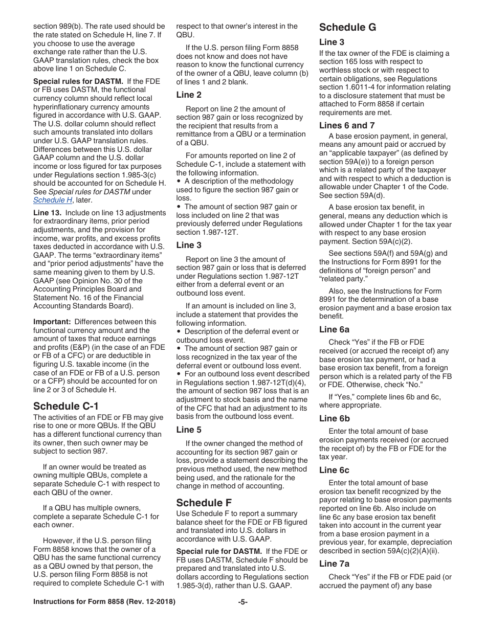 Instructions for IRS Form 8858 Information Return of U.S. Persons With Respect to Foreign Disregarded Entities (Fdes) and Foreign Branches (Fbs), Page 5