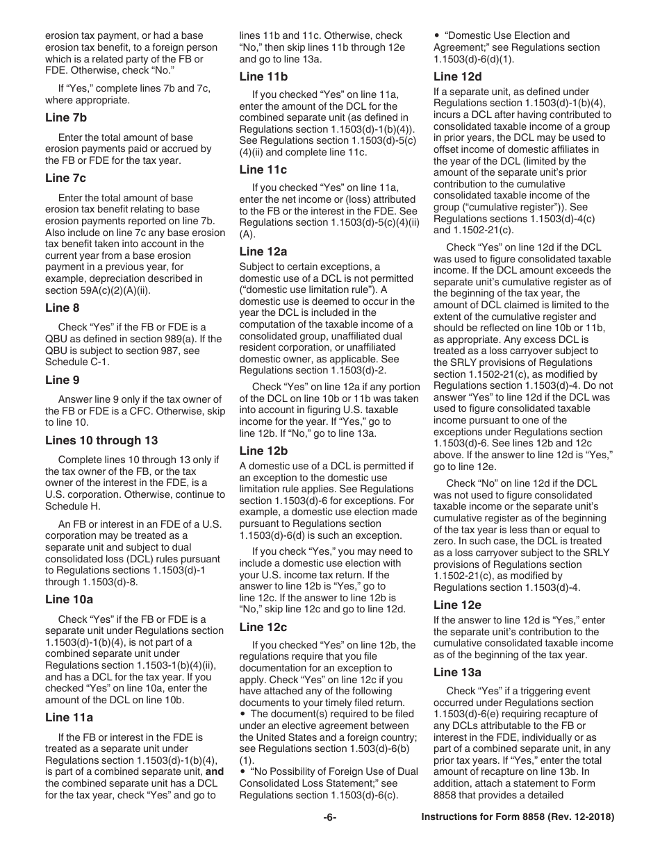 Instructions for IRS Form 8858 Information Return of U.S. Persons With Respect to Foreign Disregarded Entities (Fdes) and Foreign Branches (Fbs), Page 6