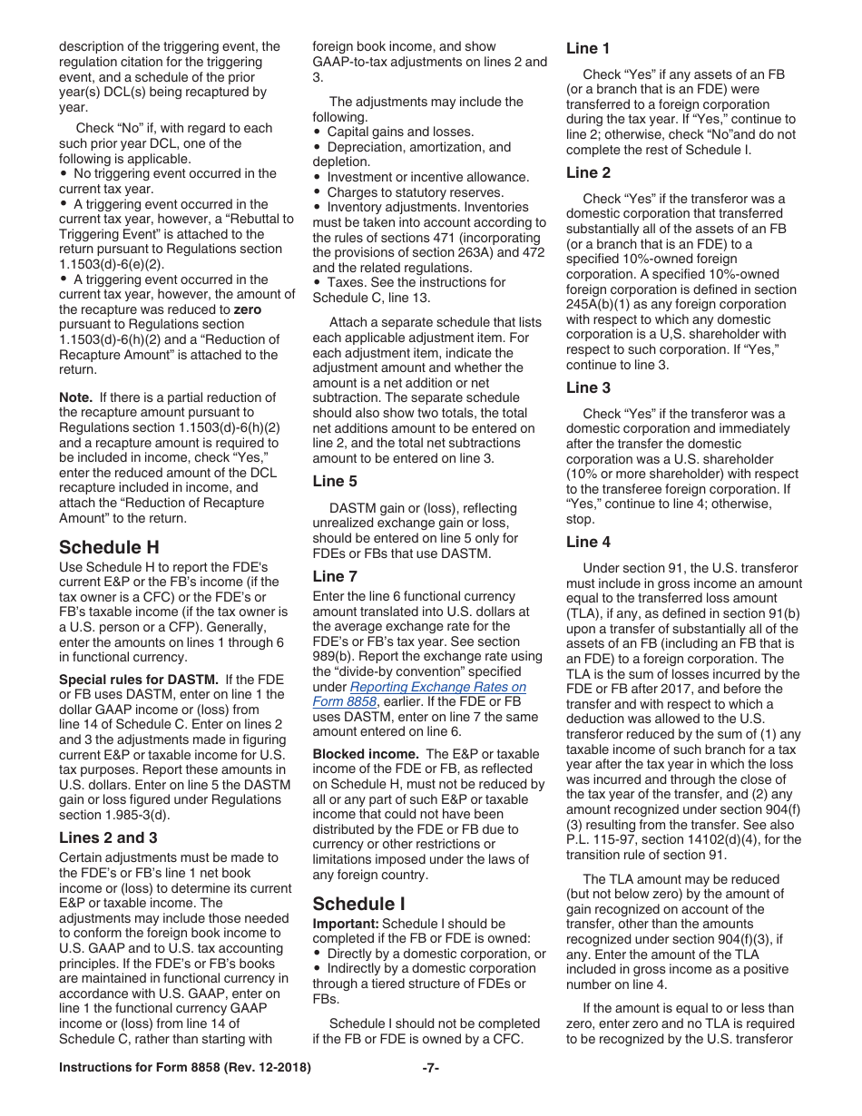 Instructions for IRS Form 8858 Information Return of U.S. Persons With Respect to Foreign Disregarded Entities (Fdes) and Foreign Branches (Fbs), Page 7