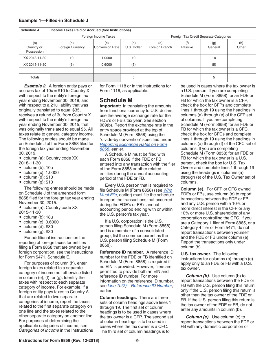 Instructions for IRS Form 8858 Information Return of U.S. Persons With Respect to Foreign Disregarded Entities (Fdes) and Foreign Branches (Fbs), Page 9
