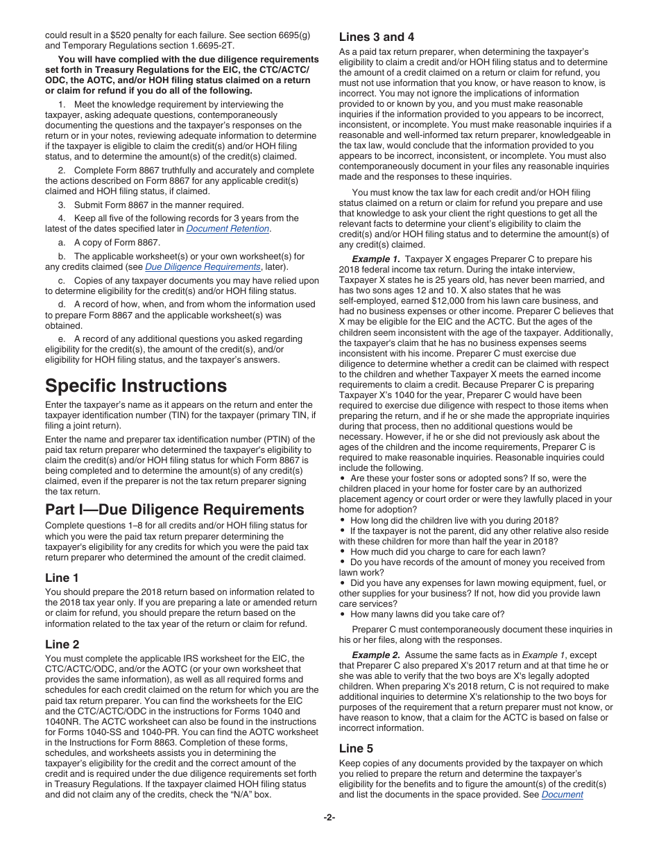 Instructions for IRS Form 8867 Paid Preparers Due Diligence Checklist for the Earned Income Credit, American Opportunity Tax Credit, Child Tax Credit (Including the Additional Child Tax Credit and Credit for Other Dependents), and / or Head of Household Filing Status, Page 2