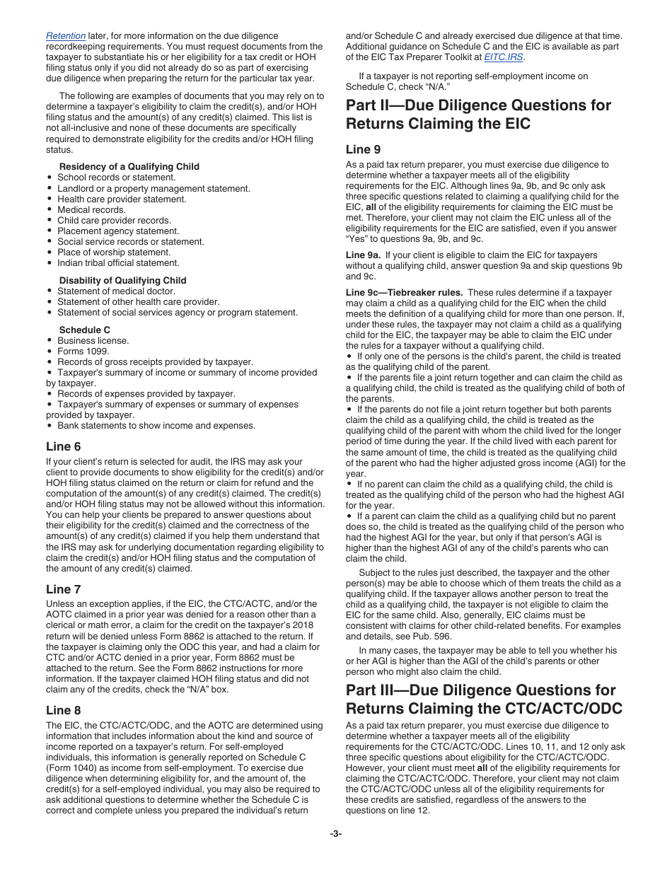 Instructions for IRS Form 8867 Paid Preparers Due Diligence Checklist for the Earned Income Credit, American Opportunity Tax Credit, Child Tax Credit (Including the Additional Child Tax Credit and Credit for Other Dependents), and / or Head of Household Filing Status, Page 3