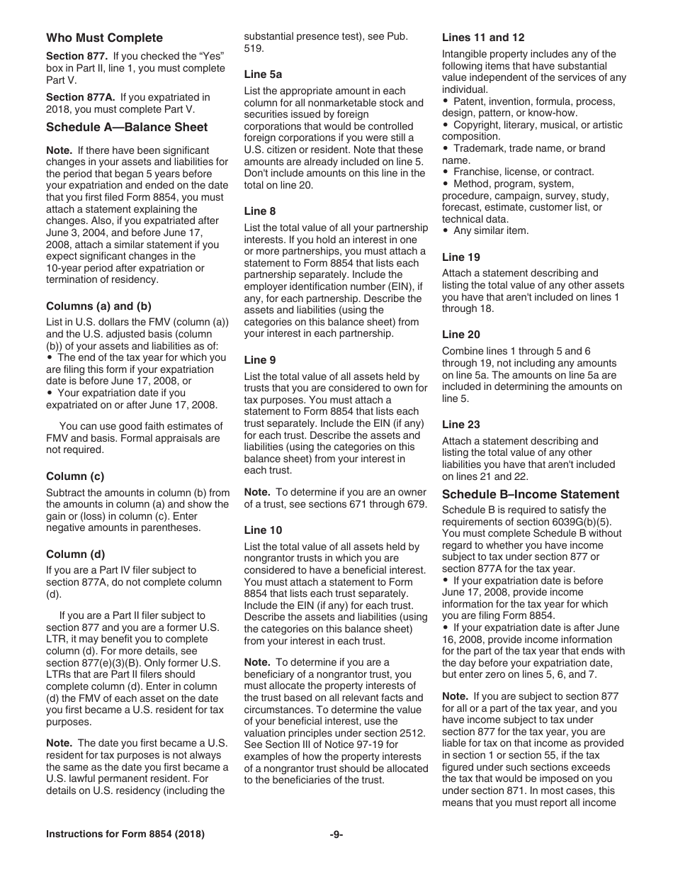 Instructions for IRS Form 8854 Initial and Annual Expatriation Statement, Page 9