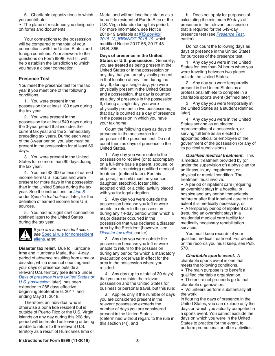 Instructions for IRS Form 8898 Statement for Individuals Who Begin or End Bona Fide Residence in a U.S. Possession, Page 3