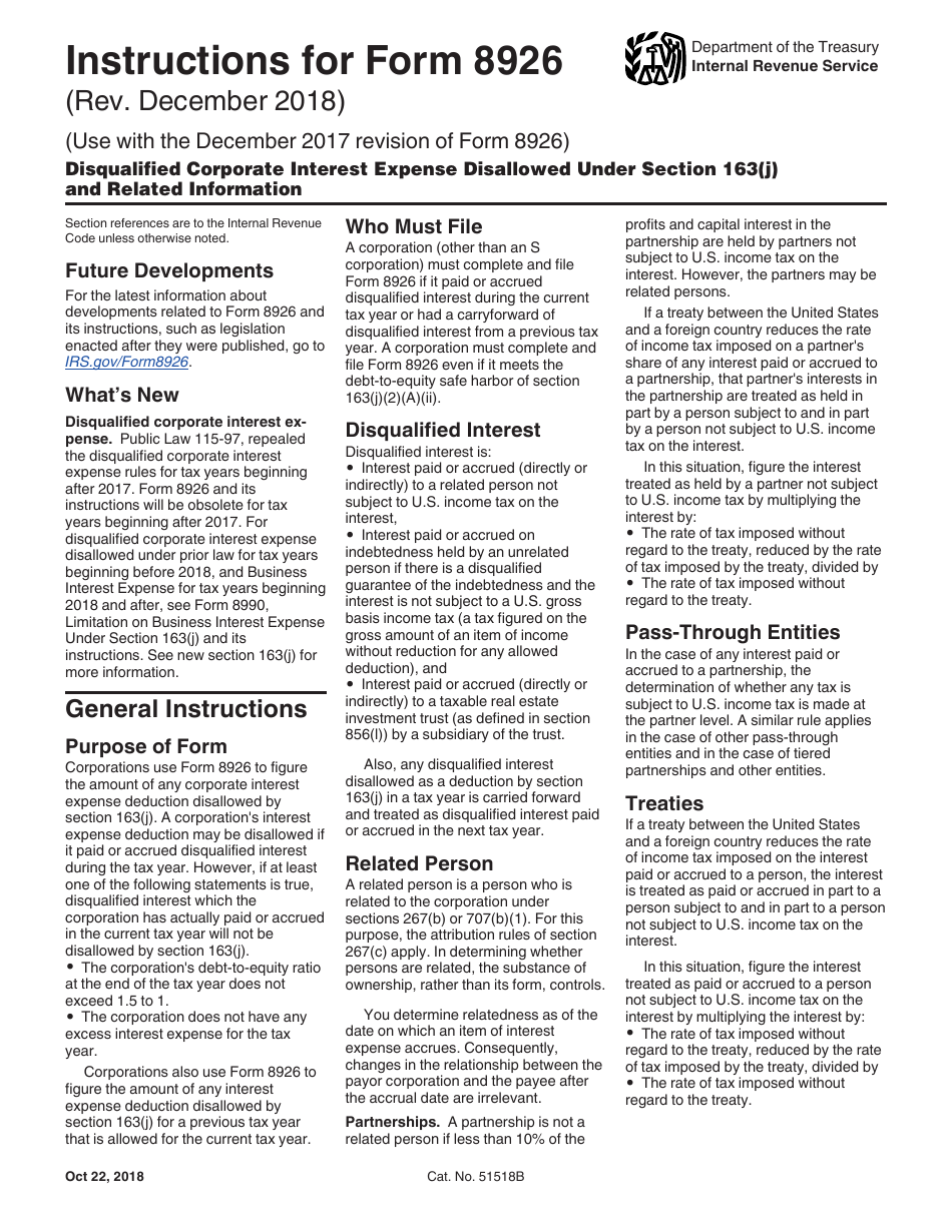 Download Instructions for IRS Form 8926 Disqualified Corporate Interest