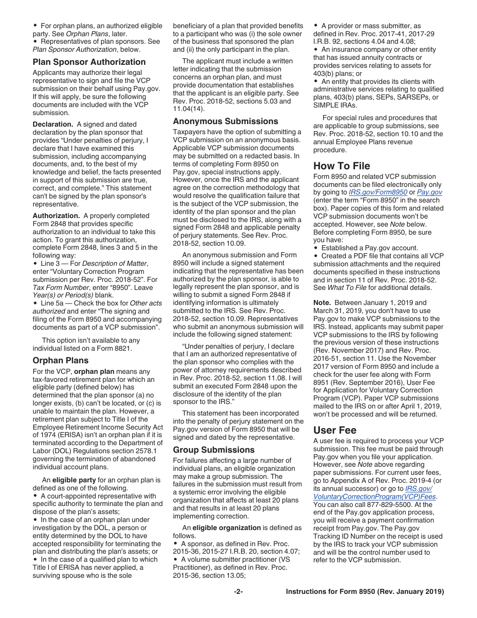 Instructions for IRS Form 8950 Application for Voluntary Correction Program (Vcp) Under the Employee Plans Compliance Resolution System (Epcrs), Page 2