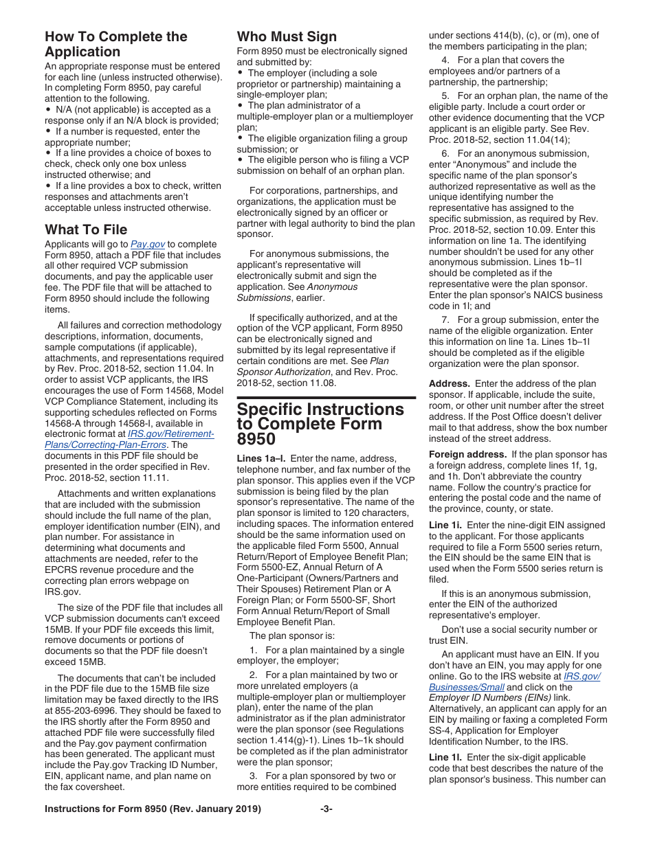 Instructions for IRS Form 8950 Application for Voluntary Correction Program (Vcp) Under the Employee Plans Compliance Resolution System (Epcrs), Page 3