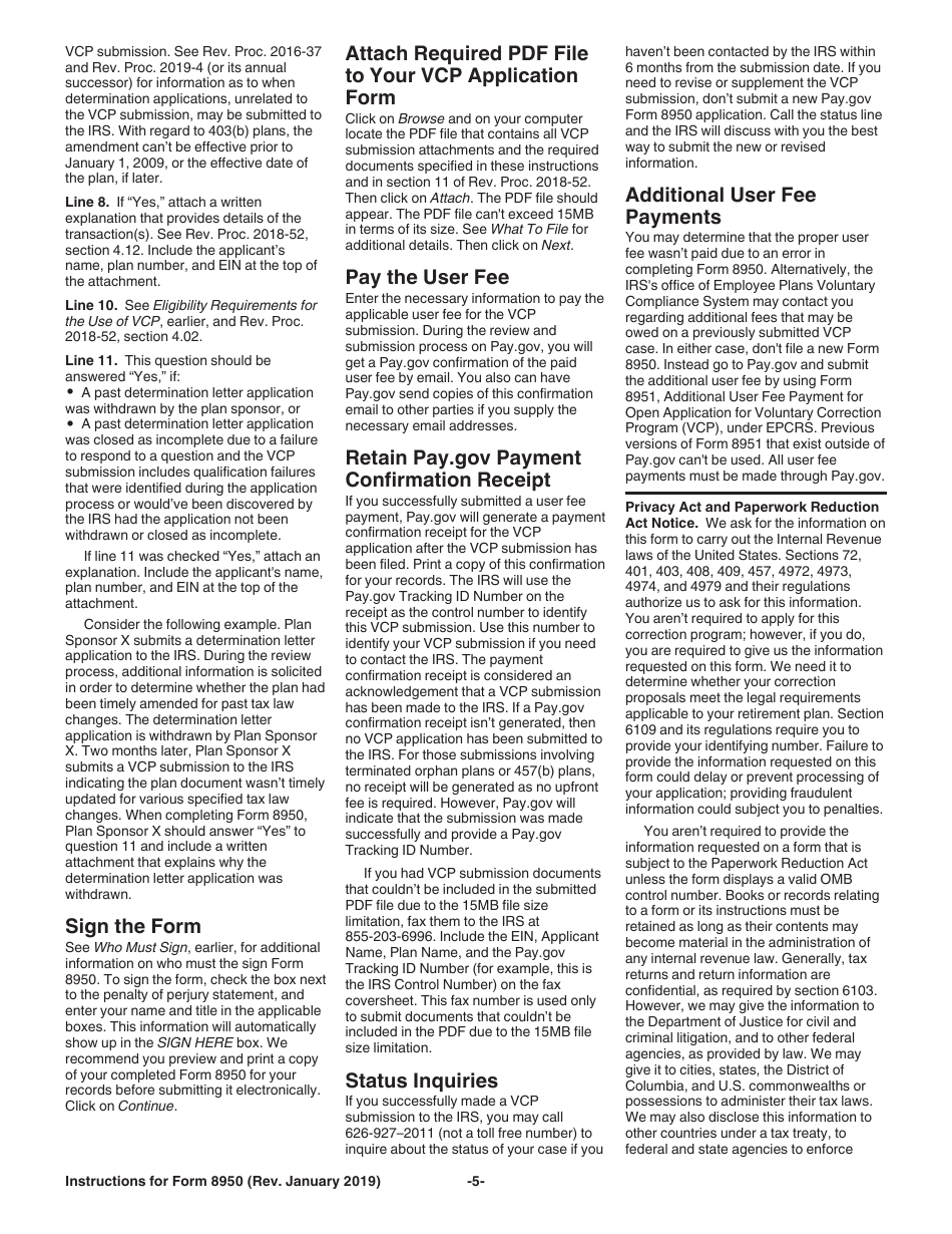 Instructions for IRS Form 8950 Application for Voluntary Correction Program (Vcp) Under the Employee Plans Compliance Resolution System (Epcrs), Page 5