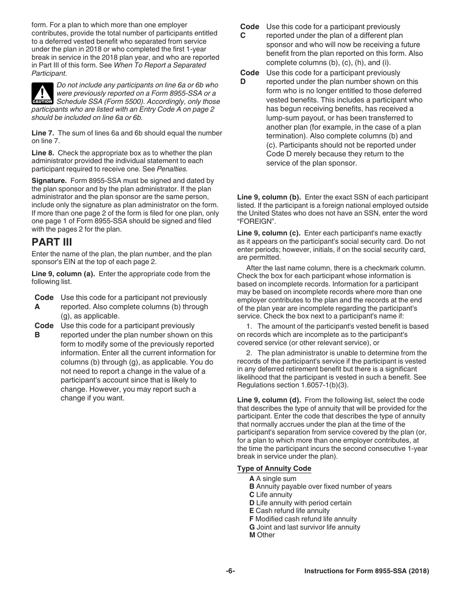 Instructions for IRS Form 8955-SSA Annual Registration Statement Identifying Separated Participants With Deferred Vested Benefits, Page 6