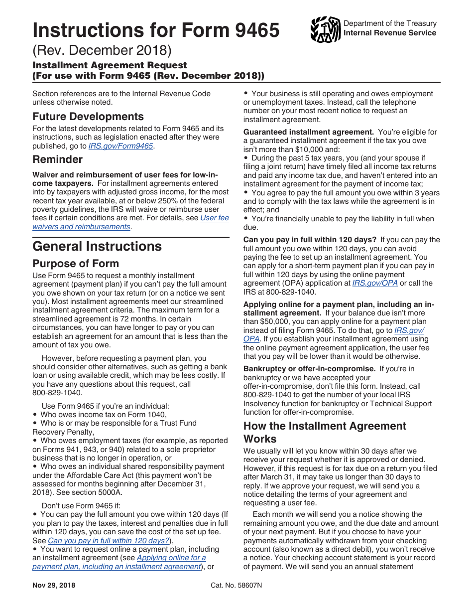 Instructions for IRS Form 9465 Installment Agreement Request, Page 1