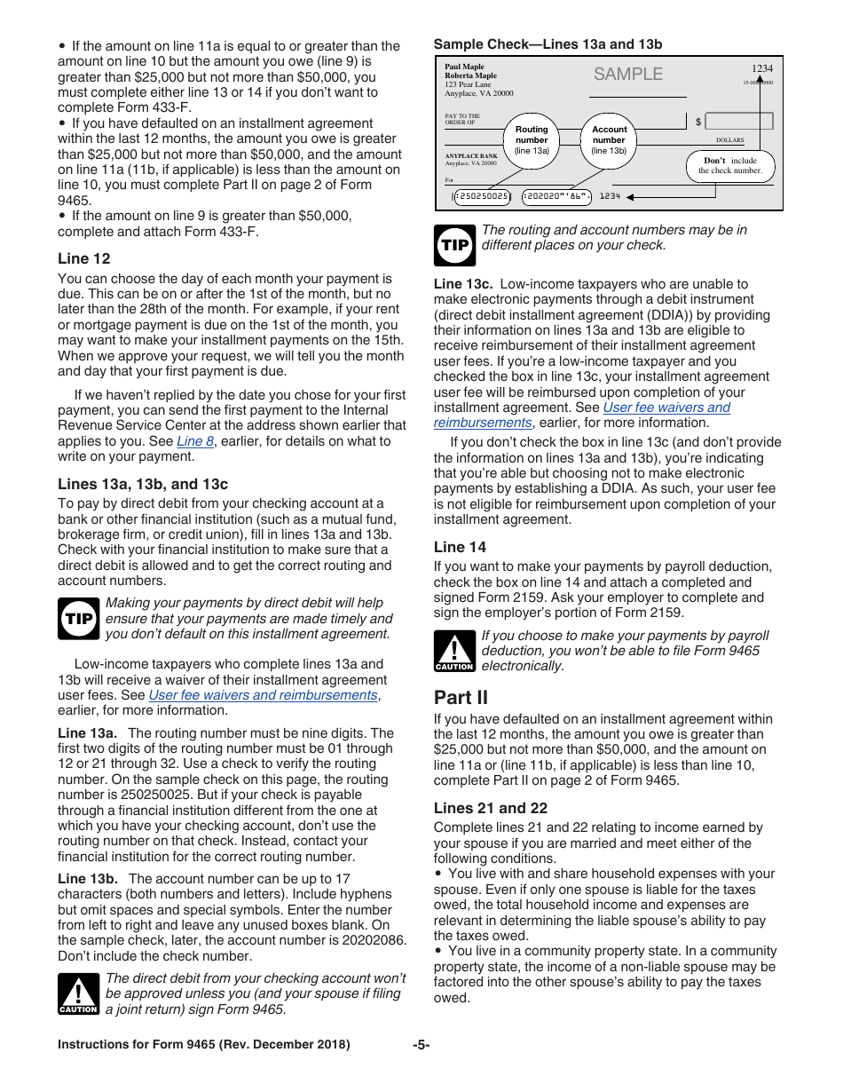Instructions for IRS Form 9465 Installment Agreement Request, Page 5