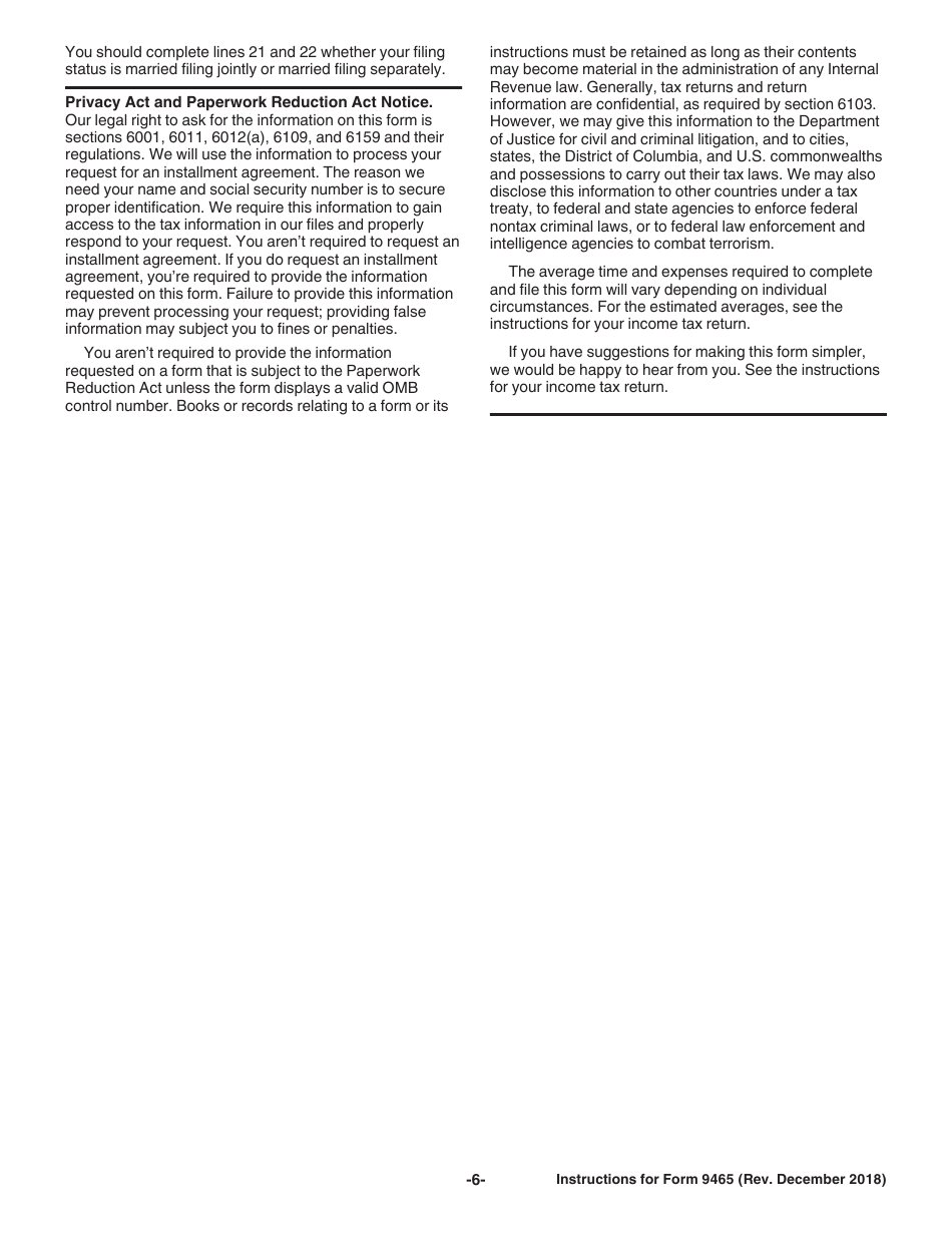 Instructions for IRS Form 9465 Installment Agreement Request, Page 6