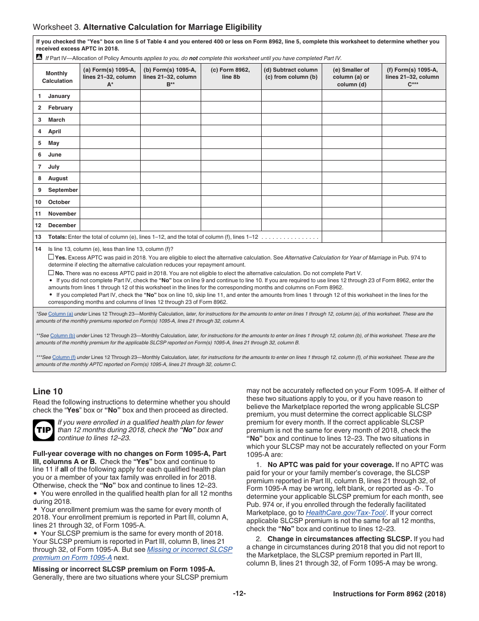 Download Instructions for IRS Form 8962 Premium Tax Credit (Ptc) PDF