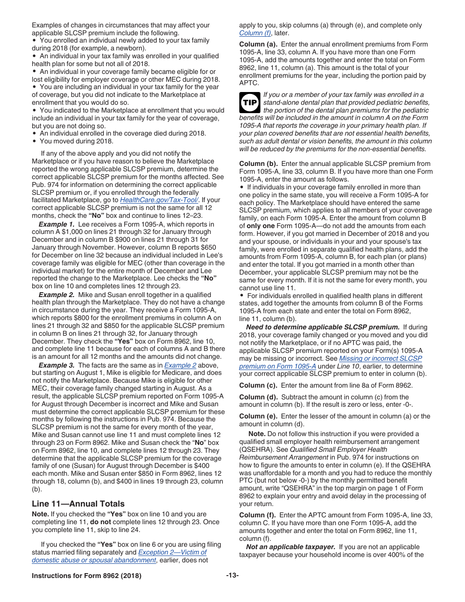 Instructions for IRS Form 8962 Premium Tax Credit (Ptc), Page 13