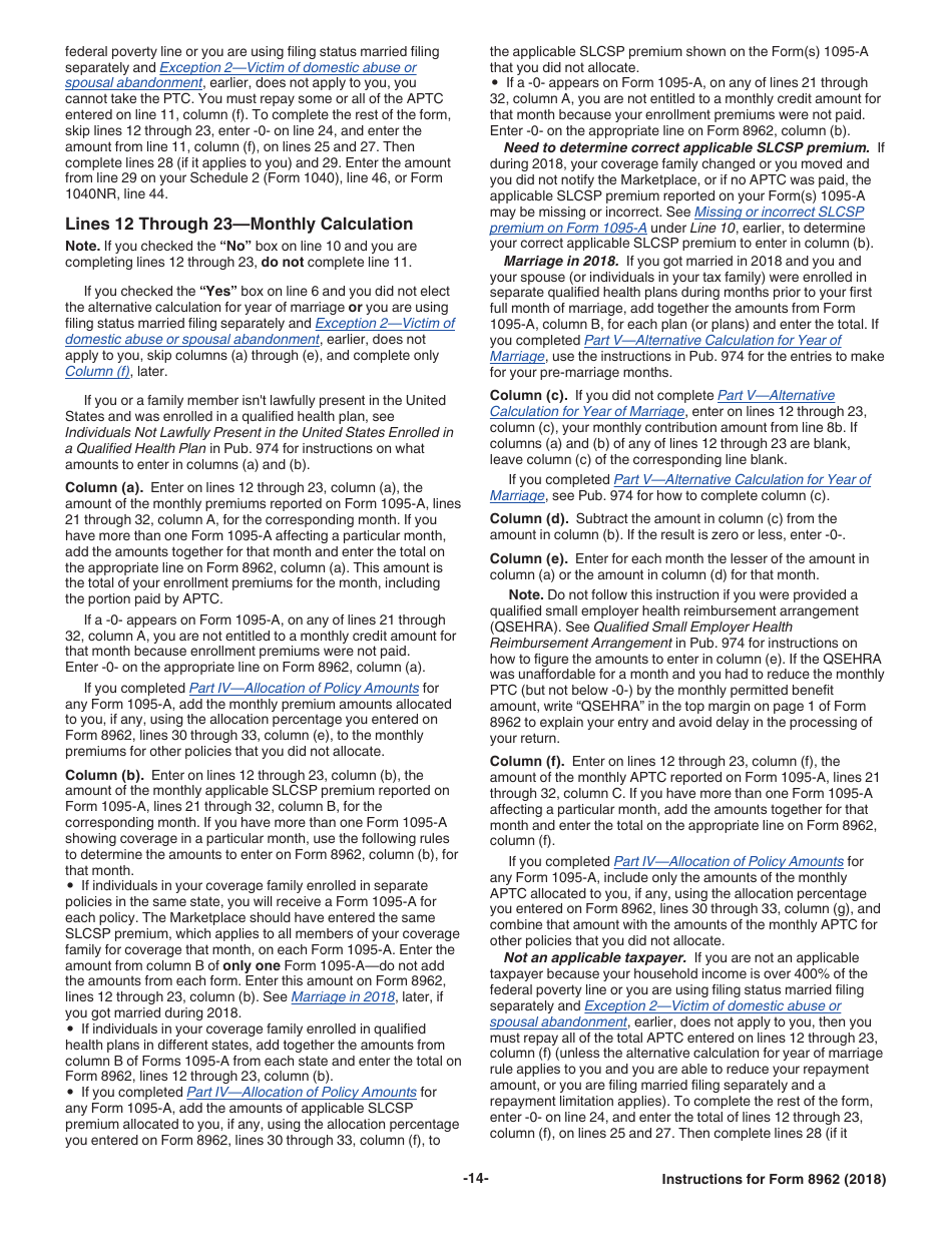 Instructions for IRS Form 8962 Premium Tax Credit (Ptc), Page 14