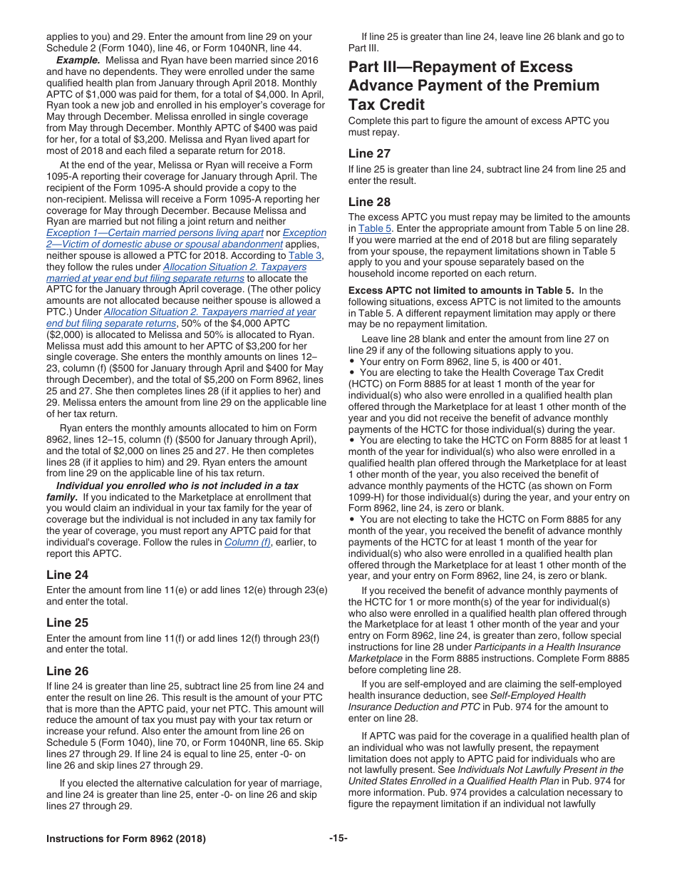 Instructions for IRS Form 8962 Premium Tax Credit (Ptc), Page 15